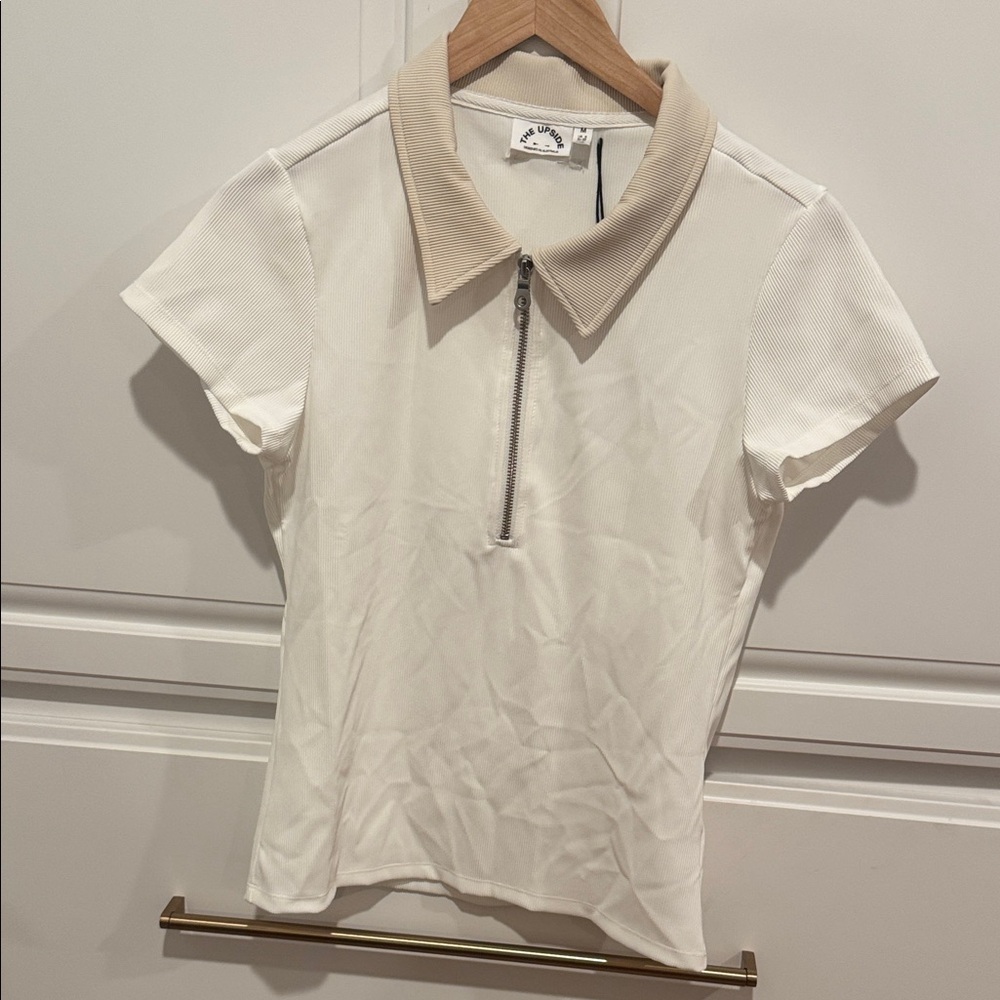 The Upside White and Tan Short Sleeve Polo
